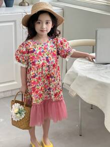 DAZY Young Girl Floral Print Cute Puff Sleeve Round Neck Mini Dress,Girls Summer Outfits