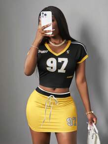 Slaydiva Casual, Simple, Versatile Women's Set For Spring/Summer, Suitable For Music Festivals, Easter, Nashville, Birthday Parties, Graduation, Daily Outings, Vacation, Cruise Travel, Beach, Sunbathing, Streetwear, Featuring Numeric, Lettering, Color Blocking Prints, Student Wear, Back To School