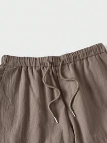 SHEIN Forever 21 男士修身亚麻绉布基本款短裤，适合夏季休闲度假/纹理面料/夏季度假风格/海滩度假/亚麻短裤 - 駝色 - 查看 4