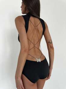 Aloruh Nouveau body sexy noir sans dos à décoration de croisillons, sans manches. Ajusté à la peau et affinant