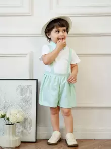 SHEIN 2 件套男婴白色 Polo 领衬衫和绿色条纹短裤，休闲装 - 白色 - 查看 1