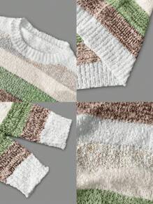 Chiquease Mixed Color Block Crew Neck Casual Pullover Long Sleeve Sweater Knit Pullover Fall Winter Outfit - Multicolor - View 3