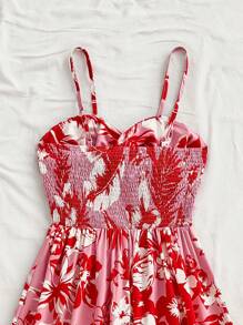 Soleia Váy midi chữ A thắt nơ cổ chữ V, dây mảnh cho kỳ nghỉ dành cho nữ WYWH, váy liền thân không tay họa tiết hoa nhiệt đới màu hồng và đỏ - Hồng - Xem 4