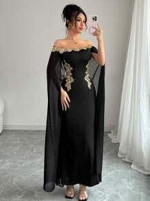 Rafferiza 性感、优雅、百搭日常金色花卉装饰露肩透视披肩、合身腰部金色贴花长款美人鱼下摆紧身连衣裙，适合女士，春夏季 - 黑色 - 查看 4