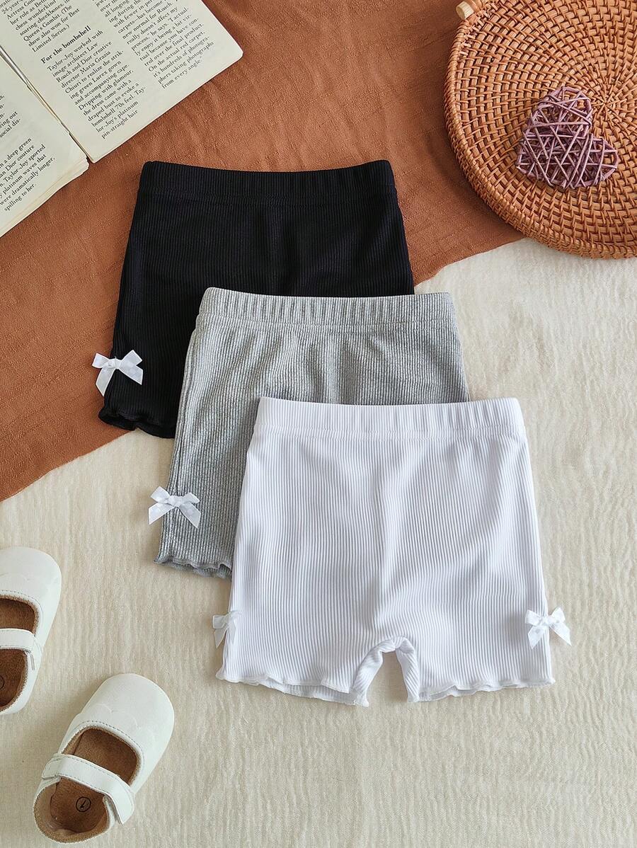 SHEIN Vintaside Kids 3件套女婴0-3岁春夏新款休闲运动柔软弹力罗纹针织短裤套装,柔和色调粉色、米色、灰色,三件套修身短裤,适合居家和户外穿着 - 彩色 - 查看 1