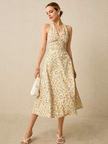 Poéselle Women's Romantic Yellow Ditsy Floral Ruched Waist Backless Halter Dress, Suitable For Vacation