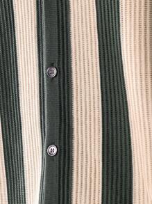 SUMWON Designer Striped Knitted Polo Shirt Retro Vertical Pattern Button-Front Casual Ribbed Classic Summer Spring Top Collared Streetwear Preppy Golf - Green - View 5