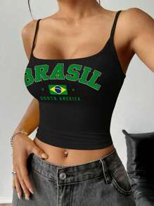 Attitoon Áo ba lỗ bó sát in họa tiết Brazil màu khối gợi cảm thường ngày dành cho nữ, phù hợp cho mùa hè - màu đen - Xem 3