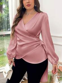 SHEIN Privé Plus Size Women Spring & Autumn Elegant Solid V-Neck Asymmetrical Pleated Pearl Beaded Ruffle Hem Casual Work Blouse Shirt, Long Sleeve Fall - Pink - View 4