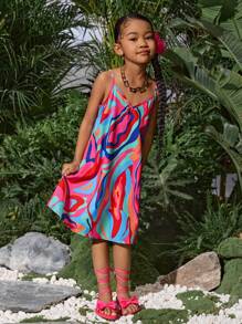 SLAYR KIDS Young Girl Young Girl Tropical Summer Vacation Ruffled Wave Print Slip Dress, Mommy And Me Matching Outfits (3 Pieces Sold Separately)
