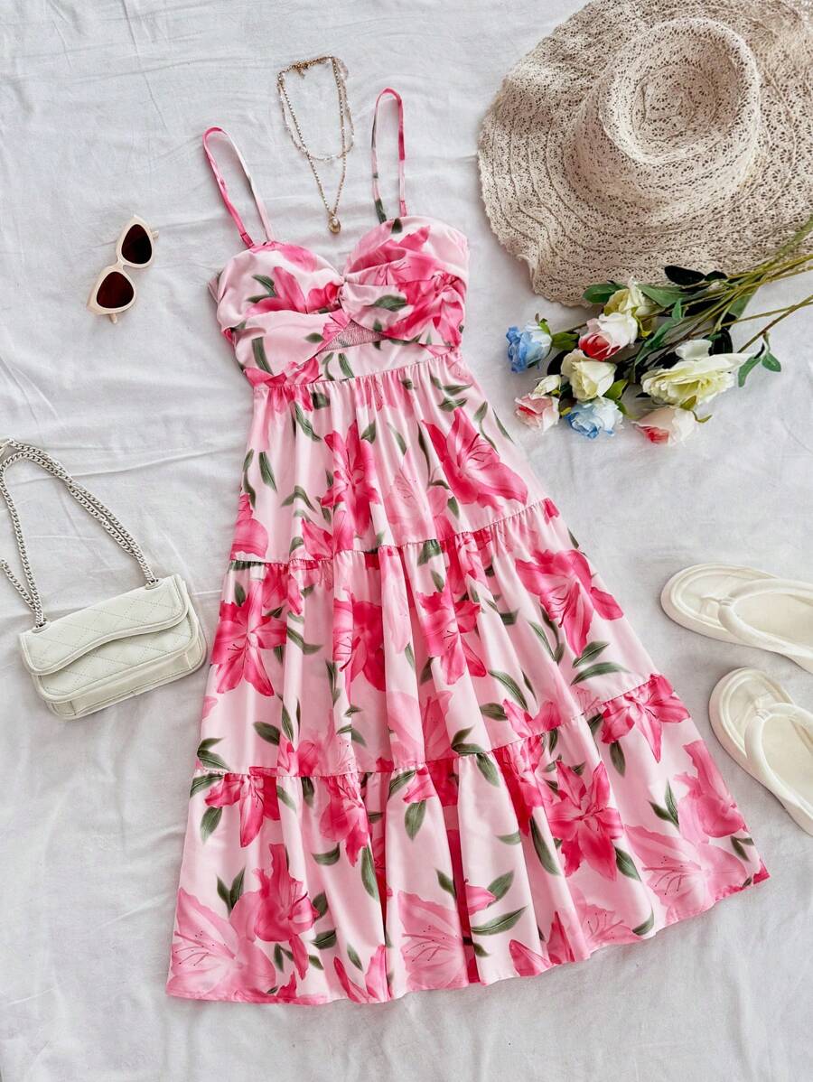 Soleia Vestido camisero con estampado floral, detalle de nudo delantero, corte evasé, vestido para mujer, primavera, Pascua, festividades/Día de San Valentín - Rosa - Ver 1