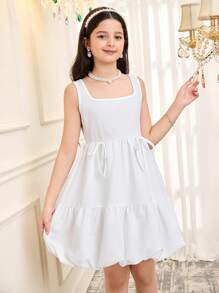 Tween 女童优雅方领无袖天鹅绒束腰蝴蝶结 A 字形连衣裙 - 白色 - 查看 6
