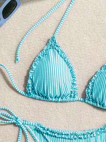 Swim Mod Women's Vacation Stripe Nautical Style Patchwork Frill Trim Tie-Up Bikini Set For Summer - Mint Blue - View 6