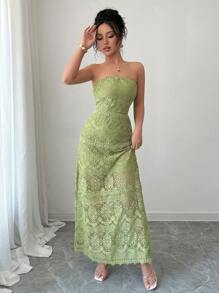 Rafferiza Vestido de tirantes de mujer elegante de unicolor de encaje y malla sin mangas - Verde - Ver 4