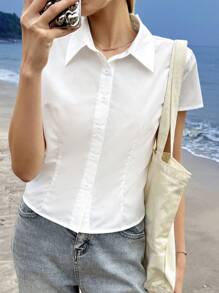 SHEIN EZwear Women's Solid Color Short Sleeve Button Front Collared Casual Top, Everyday Wear