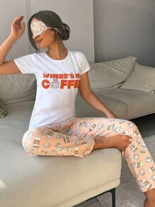 RueChic Coffee Printed Pajama Set With Eye Mask - Multicolor - View 5
