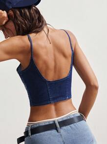 Bohemela Atasan Denim Slim Fit Pendek Berhiaskan Rhinestone dan Resleting Depan untuk Wanita Gaya Boho - Biru - View 8