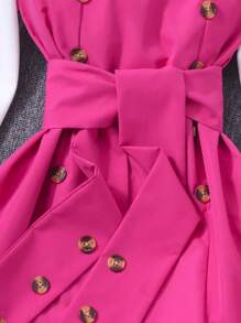 Teenage Girls 2pcs Set: Collared Patchwork Top With Belt And Solid Color Pants