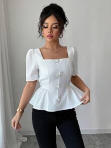 Chiquease Women Bowknot Embellished Square Collar Puff Sleeve Ruffle Hem Elegant Blouse - White - View 4