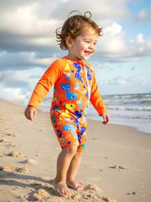 SHEIN 婴儿/幼儿可爱恐龙印花长袖前拉链防晒衣套装带太阳帽，适合水上乐园、度假、冲浪、海滩、游泳 - 橘色 - 查看 4