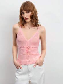 Maija Women's Pink Summer V-Neck Ruffle Edge Solid Color Sleeveless Backless Tie Front Bowknot Camisole Top, Suitable For Outdoor Music Festival - Grey - View 6