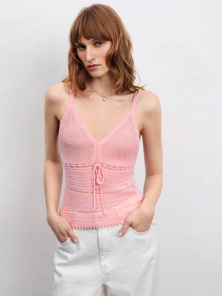 SHEIN Maija Women's Pink Summer V-Neck Ruffle Edge Solid Color Sleeveless Backless Tie Front Bowknot Camisole Top, Suitable For Outdoor Music Festival