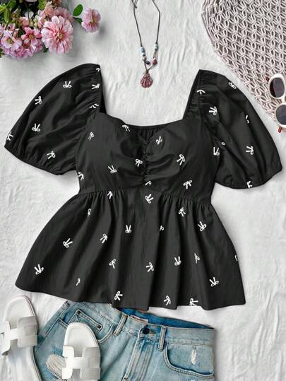 Flirla Plus Size Spring/Summer Pink Plus Size Round Neck Cute & Romantic Everyday/Resort Versatile Lantern Sleeve Bow Chest Ruffle Printed Blouse