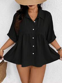 SHEIN Frenchy 女士加大码前开设计纹理面料舒适休闲短袖衬衫，适合春夏季女士春季上衣夏季女士上衣优雅女士连衣裙 - 黑色 - 查看 4