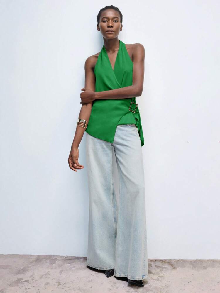 SHEIN Maija Women's New Spring And Summer White Metal Buckle Holiday Elegant Modern Urban Daily Casual Top Suitable For Going Out For Festival Parties And Date Wear Old Money 90s Women's Clothing Bohemian,Fall Women Clothes,European Summer