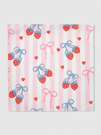 Kawaii 1 pezzo Foulard quadrato piccolo in stile cartoni animati con fiocco rosa, fragole a cuore, accessorio di moda adorabile e versatile, bandana creativa multiuso