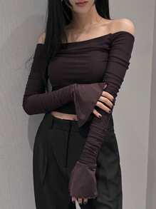 DAZY Women's Solid Color Oblique Open Shoulder Wrap Short Sleeve T-Shirt, Spring/Summer/Autumn,Off Shoulder Top Long Sleeve Women Tops,Fall Women Clothes Crop Women Tops