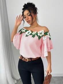 Calvaya Blusa casual sexy da donna con spalle scoperte e decorazione floreale 3D