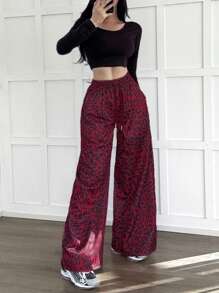 SHEIN EZwear 女士豹纹抽绳腰阔腿休闲裤 - 紅色 - 查看 1