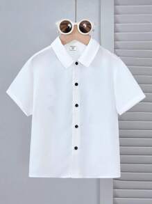 SHEIN 年轻男孩休闲简约舒适翻领卡通印花短袖衬衫 - 黑色 - 查看 3
