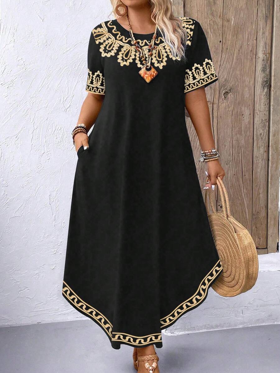 EMERY ROSE Plus Size Round Neck Short Sleeve Solid Color Long Dress Maxi Women Outfit - Multicolor - View 1