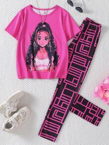 Girls Beauty Graphic Short Sleeve Round Neck 2pcs Set - Hot Pink - View 6