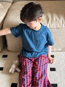 Dazy Kids 2pcs/Set Toddler Boys Round Neck Solid Color Knit Short Sleeve T-Shirt + Plaid Woven Casual Pants, Kids Spring/Summer Homewear Set - Blue - View 3