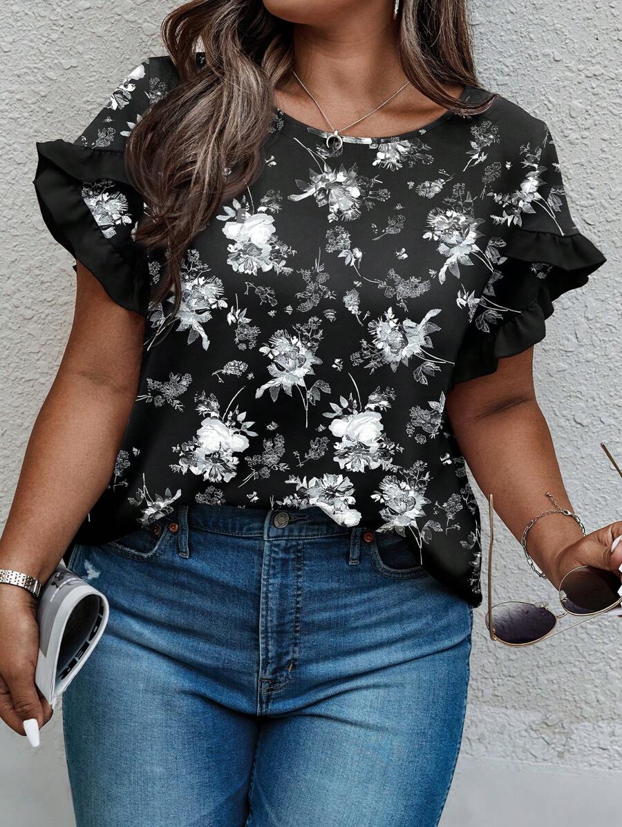 INAWLY Solva Plus Size Women Short Sleeve V-Neck Bell Sleeve Blouse