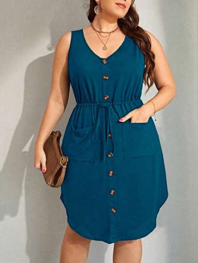 EMERY ROSE Plus Size Summer Casual Solid Color Front Button Drawstring Waist Sleeveless Dress