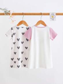 2pcs/Set Baby Girls Cute Cat Graphic Print Short Sleeve Long Nightgown Sleepwear Sets, Pink & Apricot Color Children Clothes Clothes For Girls Summer Pajamas Baby Girl Pajamas T Shirts For Baby Girl Holiday Travel Releax Summer Clothes - Multicolor - View 2