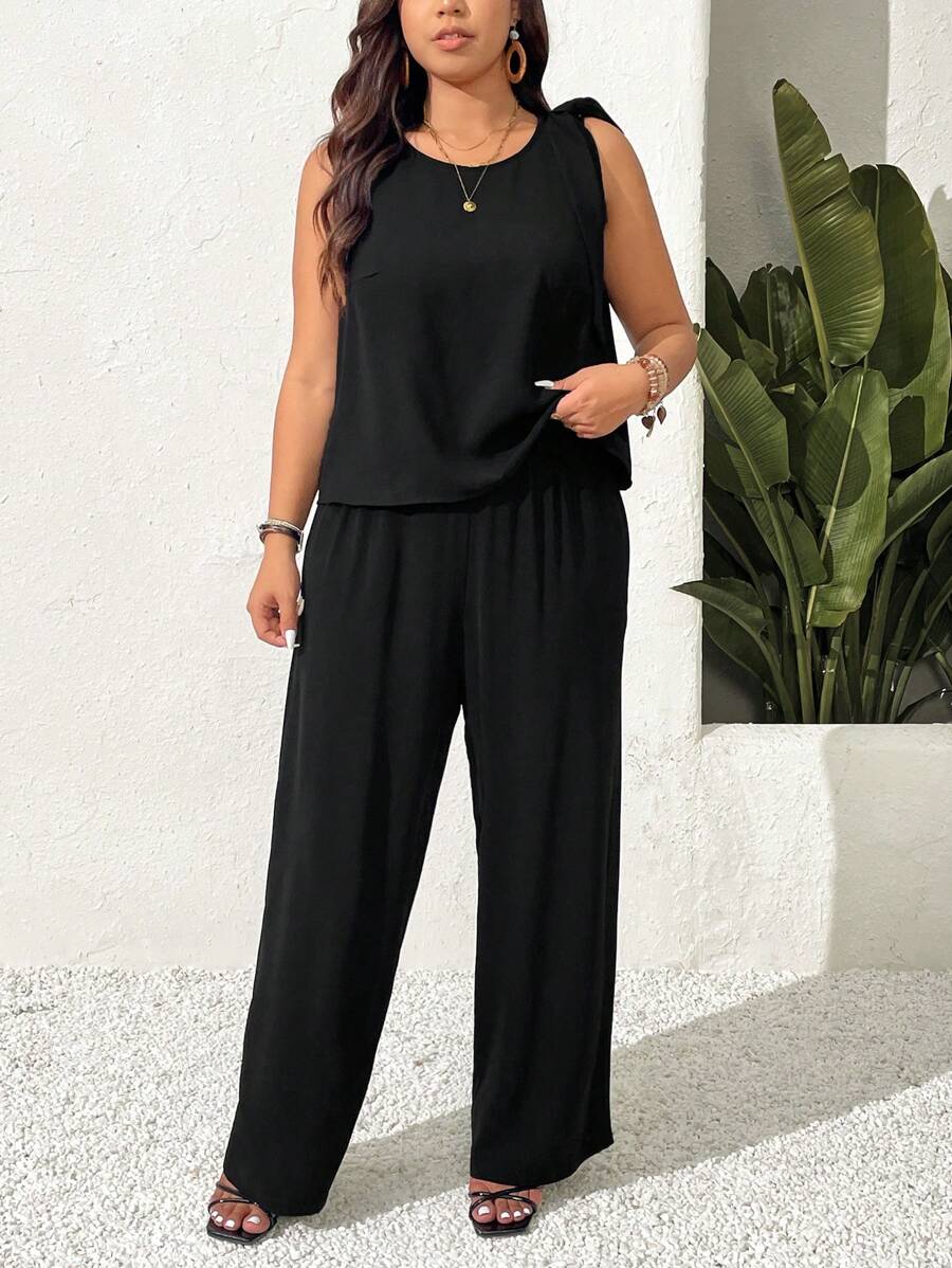 SHEIN Frenchy 2 Pcs Plus Size Sleeveless Solid Color Camisole Top And Pants Set, Minimalist And Fashionable, Suitable For Summer