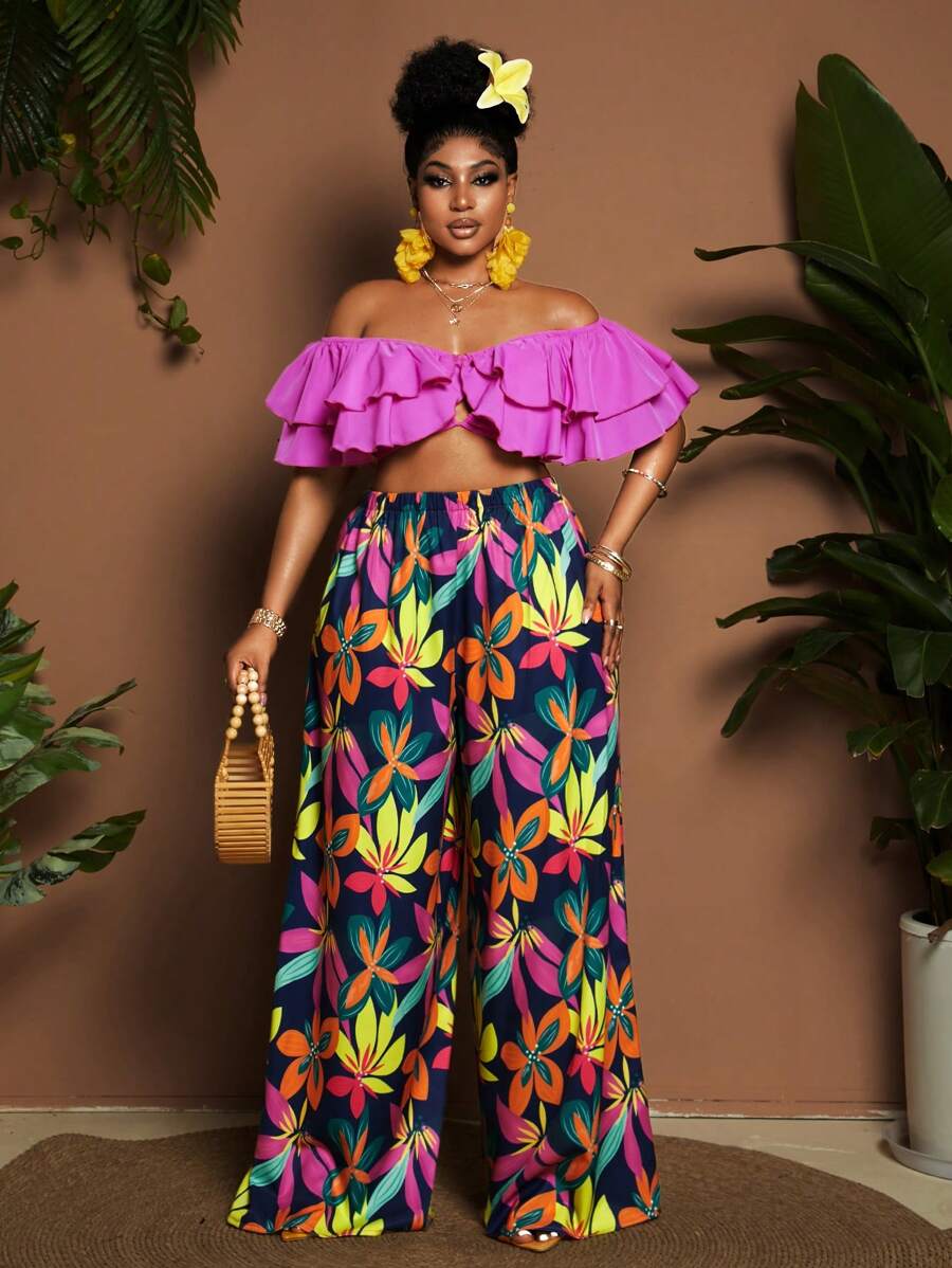 Maweii Completo donna taglie forti composto da top corto con spalle scoperte e volant e pantaloni a fantasia floreale, outfit sexy da vacanza in spiaggia di due pezzi - Viola - Visualizzare 1