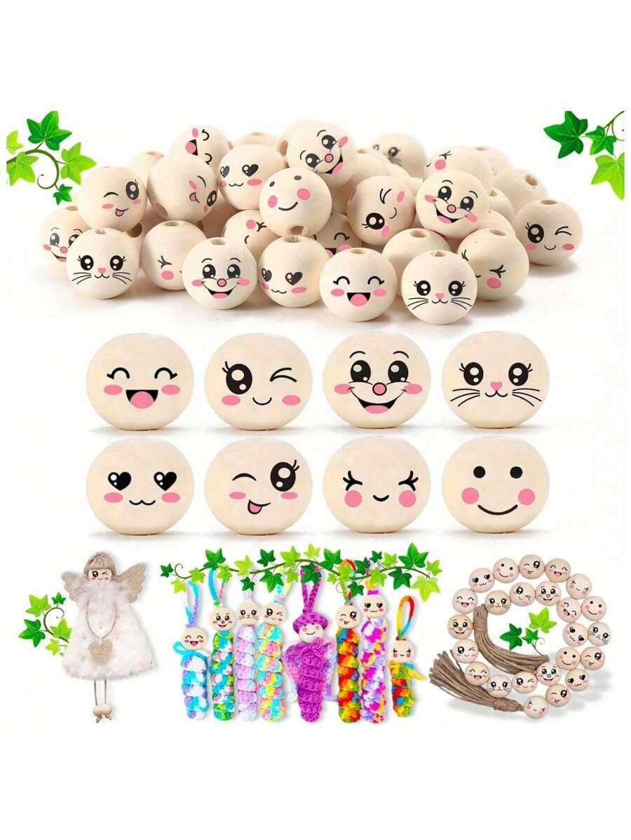 SHEIN 80 颗 20 毫米木质笑脸珠带孔适用于 DIY 钩针编织、工艺品、钥匙扣和其他特殊串珠装饰（款式随机） - 彩色 - 查看 1