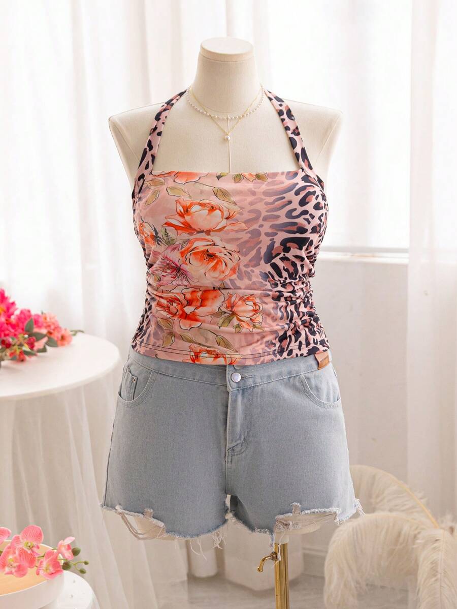 Soleia Plus Size Women Leopard Floral Print Halter Neck Tied Backless Camisole, Spring/Summer - Multicolor - View 1