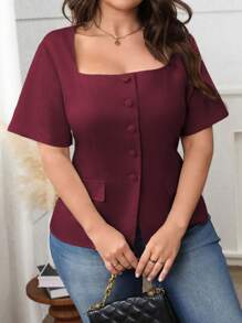 SHEIN Clasi 大码女式优雅法式办公室通勤梯形方领纽扣口袋短袖衬衫，春夏 - 酒紅色 - 查看 5