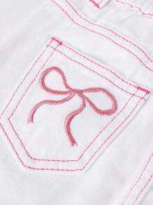 SHEIN Baby Girl Cute Pink Bow Embroidered Pattern Blue Denim Trousers , Jeans, Baby Girl Fall And Winter Clothes