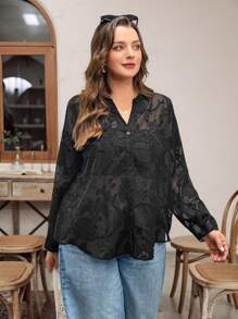 SHEIN Essnce Plus Size Women's Spring And Summer Fashion Casual Loose Comfortable Cool Everyday V-Neck Black See-Through Button-Down Shirt, Women's Summer Clothing, Old Money Style , Curve Tops, Work Tops, Vacation Clothing,Curve Tops - Black - View 3