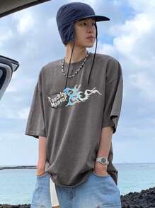 DAZY Men's Grey Letter Print T-Shirt, Summer,Graphic Tees