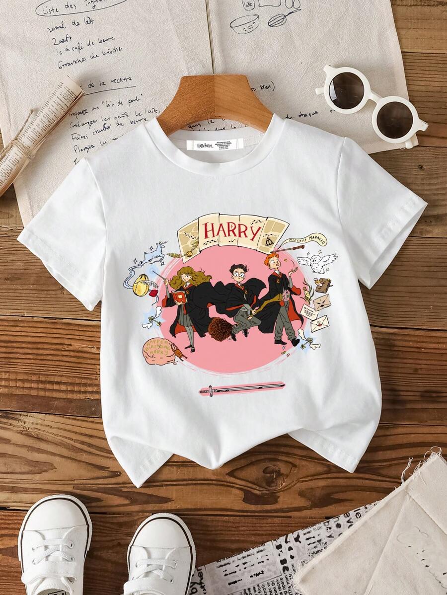 HARRY POTTER X SHEIN Young Boys College, Magic Cute Cartoon Characters And Monogram Short Sleeve T-Shirt, Summer - White - View 1