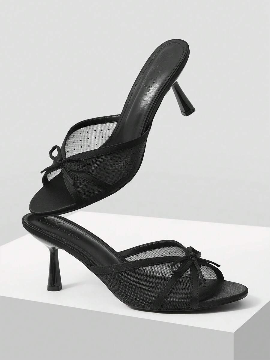 MOTF PREMIUM ROUND TOE MESH BOW DECOR HIGH HEEL SANDALS FOR CHRISTMAS SPRING SHOES SUMMER SHOES - Black - View 2